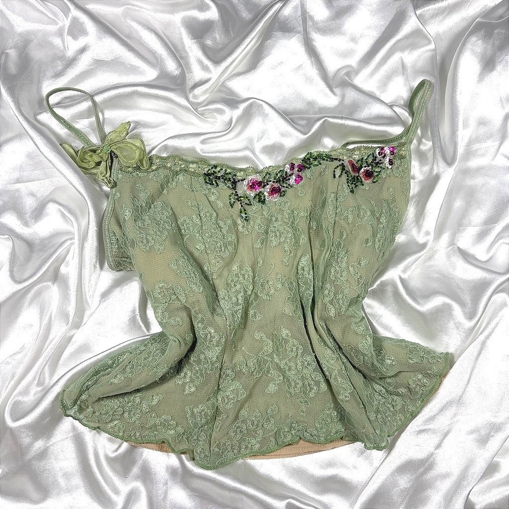 y2k dainty fairy Camisole Top Green Lace Floral Beaded Sequin Yukiko L